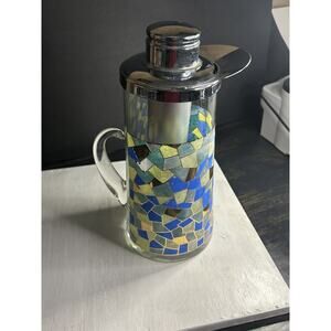 Vintage Mosaic Stained Glass Gold Blue Green Pitcher 1950's. W/ Lid & Ice Core